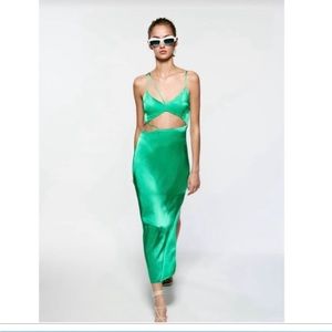 ZARA • Green satin effect silky cut out dress